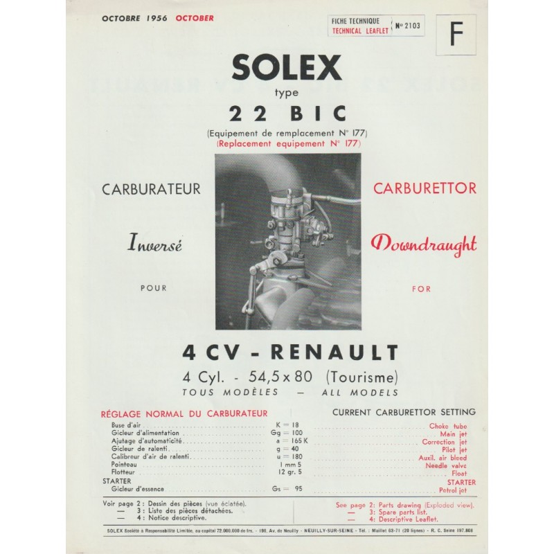 kit réparation carburateur solex 22 BIC - 4CV